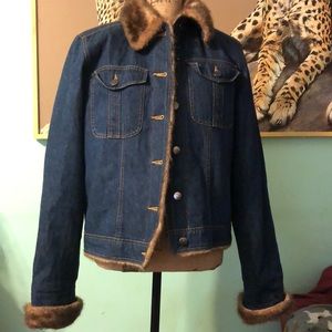 Faux fur trimmed blue jean jacket